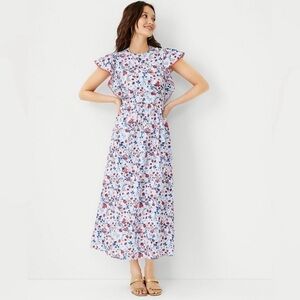 Ann Taylor‎ red white and blue floral flutter sleeve fit and flare maxi dress